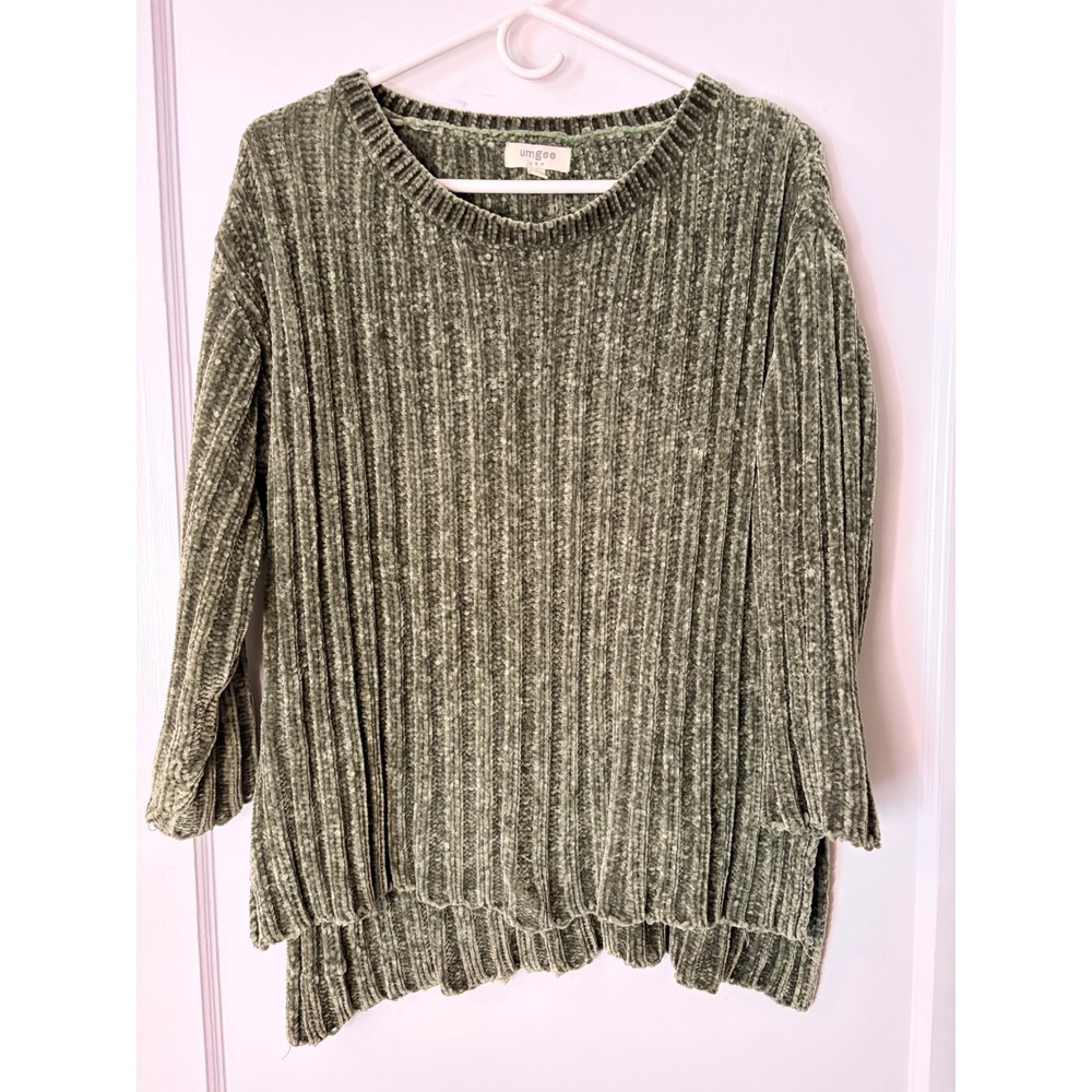 Umgee USA Olive Green Chenille Ribbed Knit Sweater High Low Hem Small